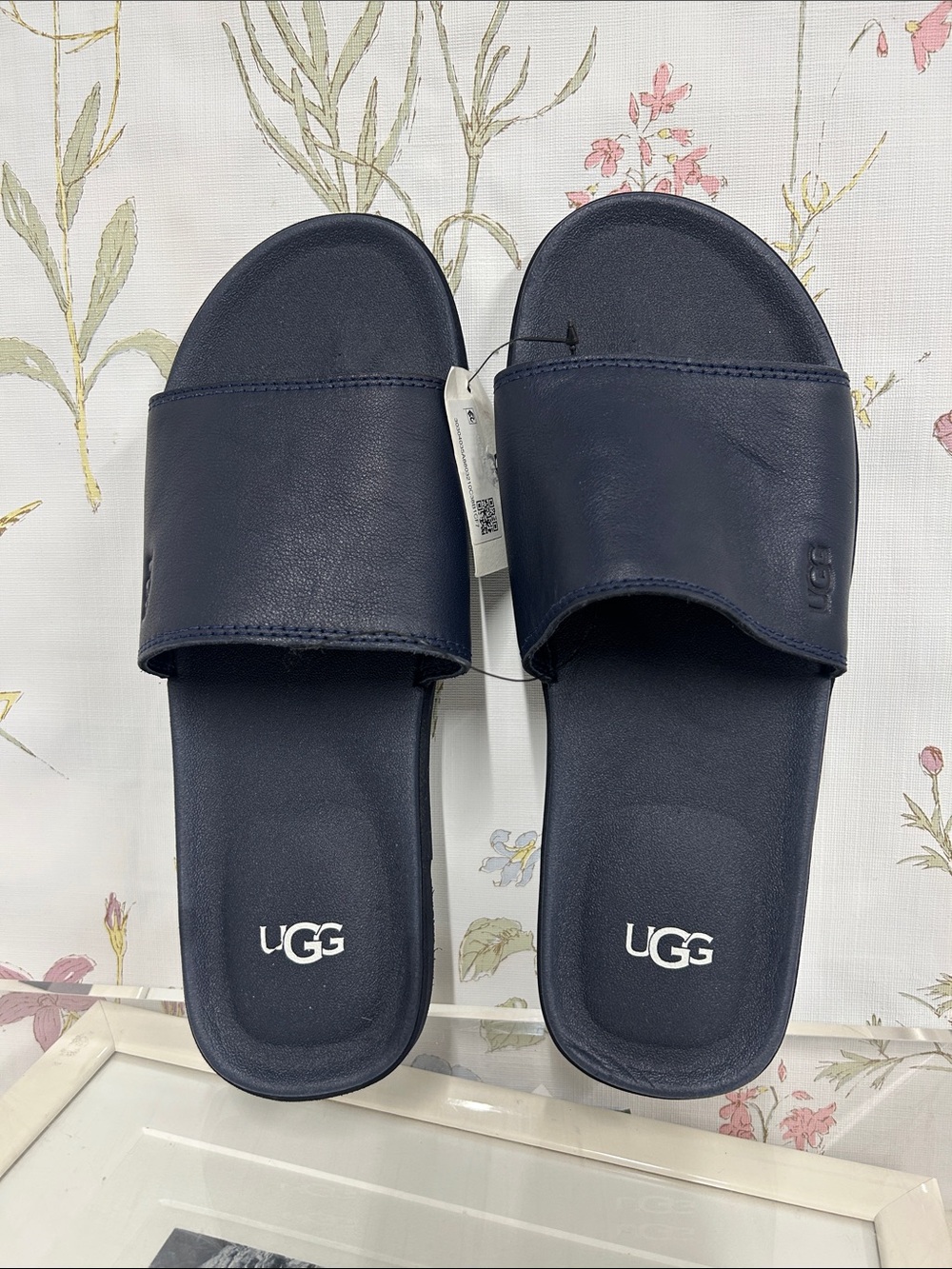 UGG Navy Slide Sandals with Logo Footbed
